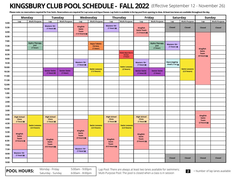 Pool Schedule Fall 2022